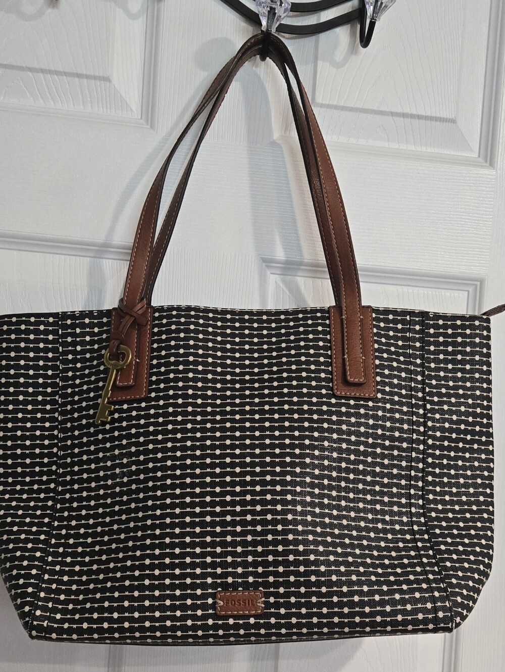Fossil Black & White Dot-Stripe Tote with Brown Leather Handles